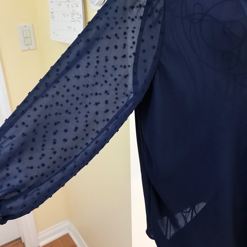 Q & A Navy Blue Top with Swiss Dot Sheer Sleeves Size Medium - Picture 2 of 8